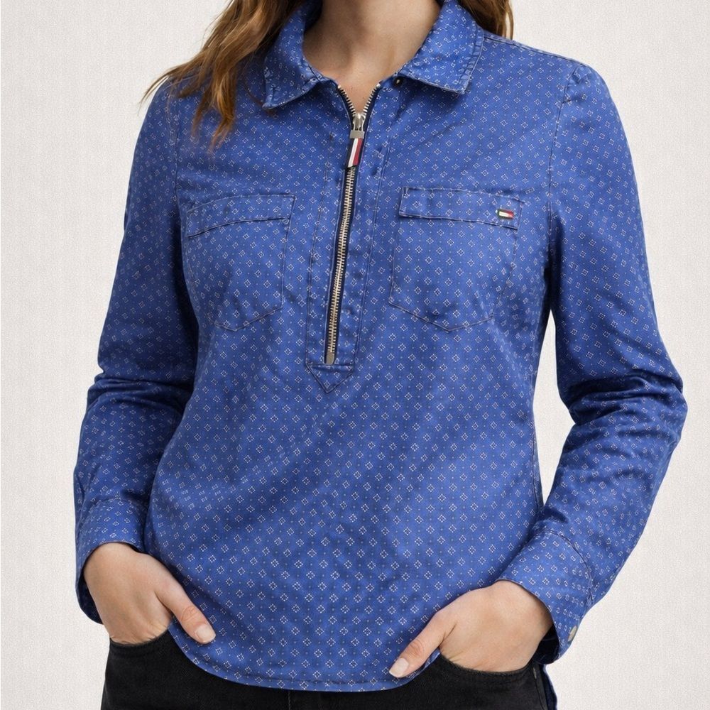 Tommy Hilfiger Denim Jean Chambray 1/4 Quarter Zip Shirt Blouse